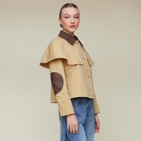 Last Chance! New Avec Les Filles Cotton Cape Faux Leather Trim Jacket Khaki - Picture 5 of 7